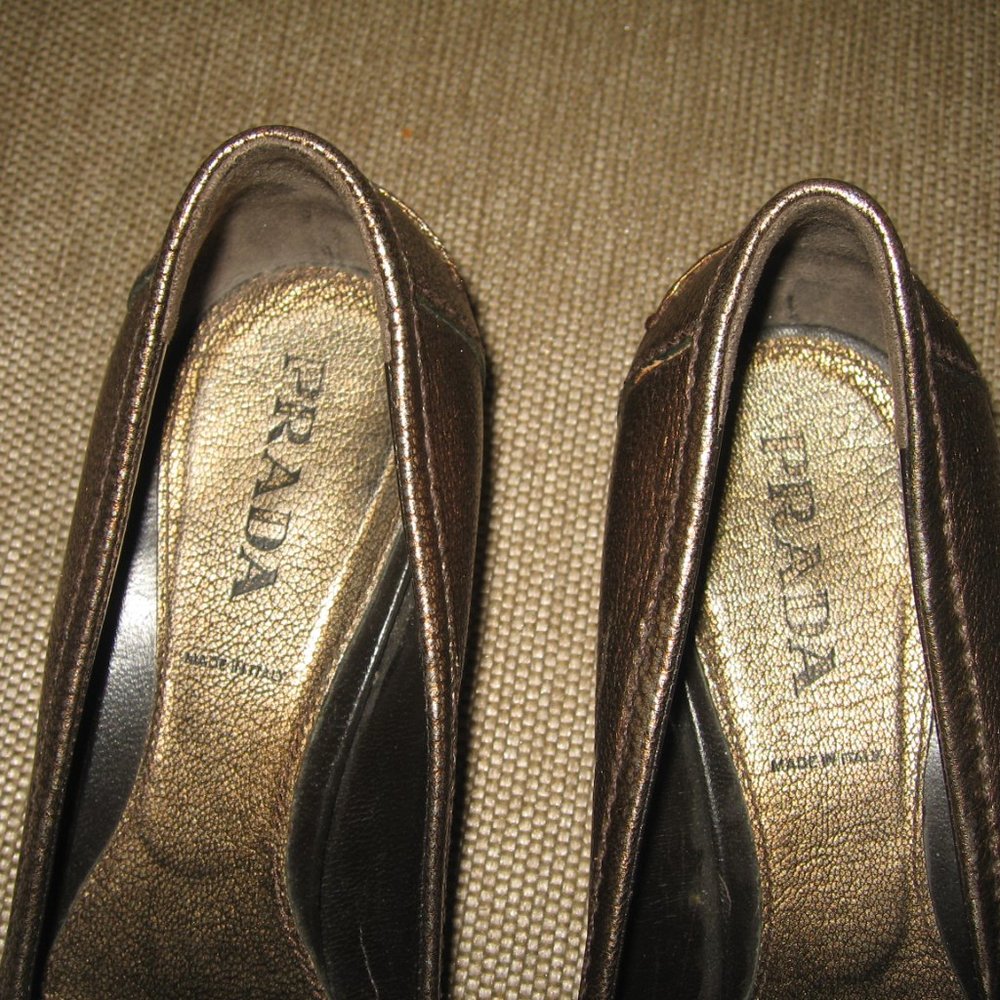 ❤️PRADA BRONZE METALLIC LOW HEEL BALLET BUCKLE VAMP SHOES 37 7 - Picture 5 of 8